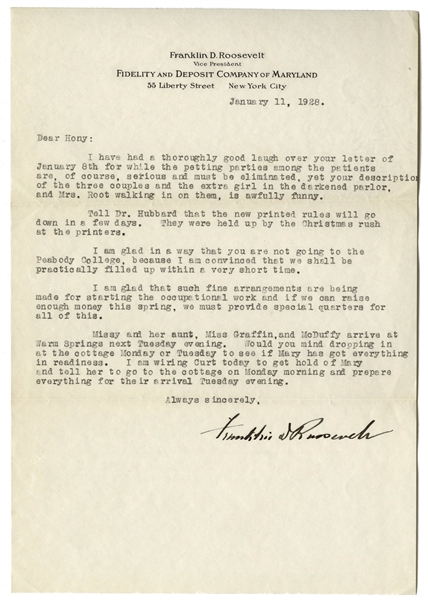 Franklin D. Roosevelt Letter Signed to His Physical Therapist -- ''...I have had a thoroughly good laugh over your letter...while the petting parties among the patients are, of course, serious...''